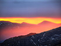 Fairfield and the Kentmere Fells as seen from Dollywagon Pike at dawn, Lake District, Cumbria, UK, January 2022.