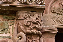 Romanesque carving on south doorway of St Mary & St David Church featuring a basilisk, a fabled reptile, Kilpeck, Herefordshire, England, UK, October 2015. Carved by Herefordshire School of Stonemason...
