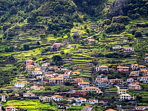 Houses and terracing on mountainside, Marocos, Madeira. March, 2023.