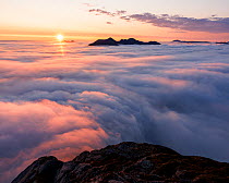 Fog covering the sea and landscape at dawn, viewed from Tromtind mountain, Kvaloya, Troms, Norway. July, 2023.