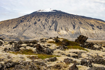 View of Saefellsjokull, a 700,000 year old stratovolcano and an old lava field with moss heath, Saefellsnes Peninsula, Iceland. September, 2023.