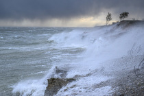 Feroucious autumn storm on the Baltic Sea crashing into Undva cliffs, Saaremaa Island, Estonia.
