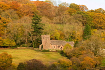 St Martins Church with a leaning tower due to post glacial landslip, Cwmyoy Graig, Vale of Ewyas, Brecon Beacons National Park / Bannau Brycheiniog, Wales, UK, November 2023.