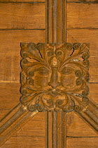 The Green Man wooden carving, Arts & Crafts circa 1875, Moccas Church, Herefordshire, England, UK. December, 2023.