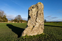 Standing stone in inner circle at Avebury Stone Circle and henge, dated to the Neolithic Period, Wiltshire, England, UK, January 2024. UNESCO World Heritage site.