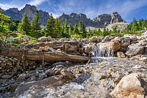Alpine stream on Adolf Munkel hiking route with Odle/ Geisler mountain group behind, Puez-Odle Nature Park, South Tyrol. Italian Dolomites, Italy. August, 2023.