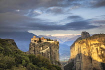 Holy Trinity Monastery on top of rocky outcrop, Meteora, Greece, April 2023.
