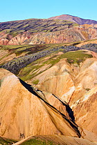 RF - View of rhyolite mountains and solidified lava fields, Landmannalaugar volcanic massif, Fjallabak Nature Reserve, Iceland. September, 2023. (This image may be licensed either as rights managed or...