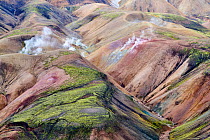 RF - Aerial view of rhyolite mountains and geothermal vents, Landmannalaugar volcanic massif, Fjallabak Nature Reserve, Iceland. September, 2023. (This image may be licensed either as rights managed o...