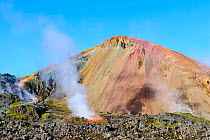 Rhyolite mountains and geotermal vents, Landmannalaugar volcanic massif, Fjallabak Nature Reserve, Iceland. September, 2023.