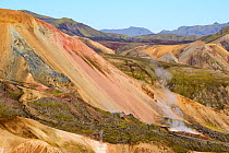 Rhyolite mountains and geothermal vents, Landmannalaugar volcanic massif, Fjallabak Nature Reserve, Iceland. September, 2023.