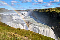 Rainbow over Gullfoss Waterfall on the Hvita River, Iceland. September, 2023.