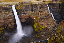 Haifoss waterfall cascading over steep cliffs, Fossa river, Fossadalur, Iceland. September, 2023.