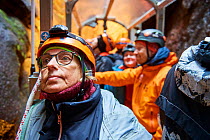 Tourists in the open cable lift descending into Thrihnukagigur volcano, a dormant volcano now used for tours, Iceland. September, 2023. EDITORIAL USE ONLY.