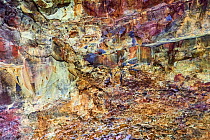 Coloured rocks inside the magma chamber of the dormant Thrihnukagigur volcano. Yellow is sulfur oxide, grey and black is basalt rock and green is copper. Rust-red coloration is due to the oxidation of...