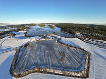Aerial view of Lake Lyseren in winter, Follo, Viken, Norway. December, 2022.