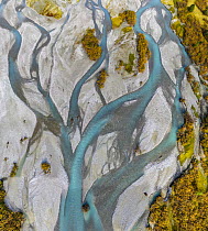 Aerial view of glacial river delta, Jostedalen National Park, Vestland county, Norway. September, 2022.