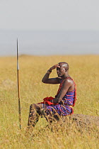 Maasai guide sitting on mound on savanna looking for animals, Masai Mara, Kenya. February, 2011.