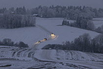 Three cars with headlights on driving along road in snow-covered landscape at dusk, Kroer, Follo, Viken, Norway. December, 2022.