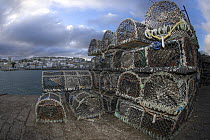 Creel lobster pots stacked on harbour wall, St.Ives, Cornwall, UK. December.