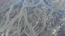 Aerial shot of braided glacial river, south Iceland. June.