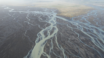 Aerial shot of braided glacial river, south Iceland. June.