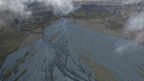 Drone shot of dry glacial river, south Iceland. June.