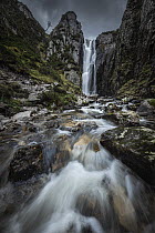Wailing Widow Falls under stormy sky, Assynt, Scottish Highlands, UK. March, 2023.