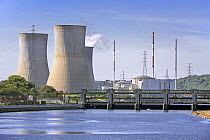 Cooling towers of the Tihange Nuclear Power Station along the Meuse River, Huy, Liege, Belgium. September, 2023.