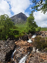 Stob Dearg peak and the River Coupall, Glen Etive, Highland Region, Scotland, UK. June, 2023.