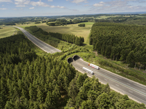 Aerial view of a wildlife crossing over the A89 highway, built in the 1970s, Puy-de-Dome, France. June, 2018.