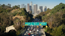 Timelapse of cars using Arroyo Seco Parkway / Pasadena Freeway. This road leads towards the financial centre of Downtown Los Angeles, California, USA.