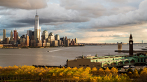 Timelapse looking across the Hudson River at One World Trade Center and Downtown Manhattan, New York City, USA.