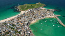 Aerial tracking shot of St. Ives, Cornwall, UK