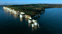 Aerial shot of Old Harry Rocks, The Foreland or Handfast Point, Studland, Isle of Purbeck, Dorset, UK.