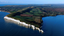 Aerial shot of Old Harry Rocks, The Foreland or Handfast Point, Studland and Swanage, Isle of Purbeck, Dorset, UK.