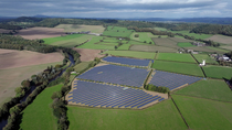 Drone shot of solar farm, near Usk, Monmouthshire, South Wales, UK.