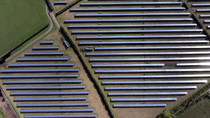 Aerial shot of solar farm, near Usk, Monmouthshire, South Wales, UK.