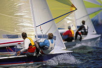 505 dinghies reaching with kites during the worlds racing off Hyannis, Cape Cod, Massachusetts.