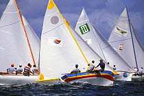Locals racing a fleet of Canot Saint Tois boats off the beach of St.Barths, Caribbean