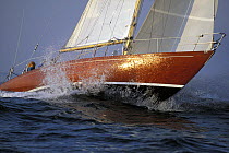 Sloop "Prospect of Whitby" with varnished hull crashing through a wave off Newport, Rhode Island, USA.