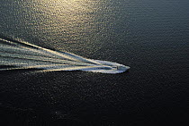 Aerial view of an Alden 38 powerboat, Rhode Island, USA.
