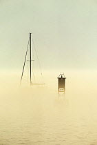 A mast and bell buoy emerging from the fog in the waters off Somes Sound, Maine, USA.