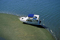 Motorboat aground on a sand bar at low tide, Cape Cod, USA.