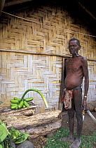 Local old man in Vanuatu with machete, pipe and loin cloth chopping plantains. Pacific Islands.
