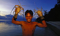 Boy holding two rock lobsters (panulirus sp), Walea island, Toigan islands, Sulawesi, Indonesia.