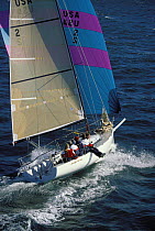 A J-90 with her spinnaker up speeding along with crew on the rail, off Newport's Brenton Reef, Rhode Island, USA.
