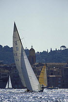 A 12 metre yacht "K10" starting a race off St.Tropez, South France.