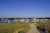 Boats moored in Watch Hill Harbor in the summertime, near Nappatree Point, Rhode Island, USA.