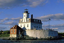 Rose Island Lighthouse, now restored and running as a bed & breakfast, in Narragansett Bay off Newport, Rhode Island, USA.